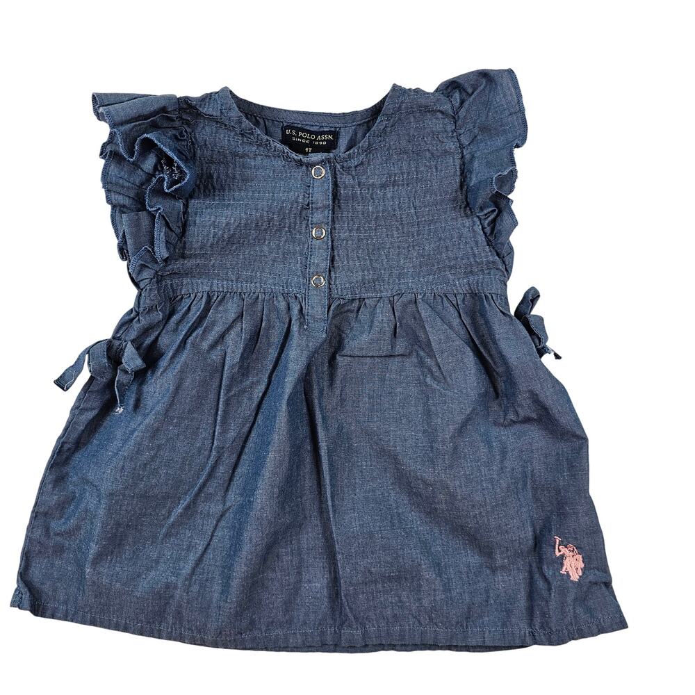 Toddler Girl 4T Smocked Chambray Top Ruffle Cap Sleeve Pink Pony US Polo Assn